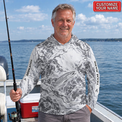 Monochrome Trout and Water Splash Personalized UPF Sun Protection Fishing Hoodie