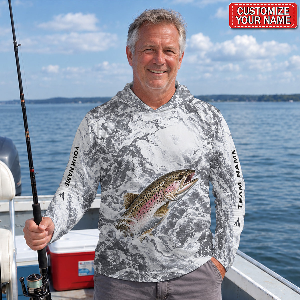 Rainbow Trout and Gray Water Splash Personalized UPF Sun Protection Fishing Hoodie