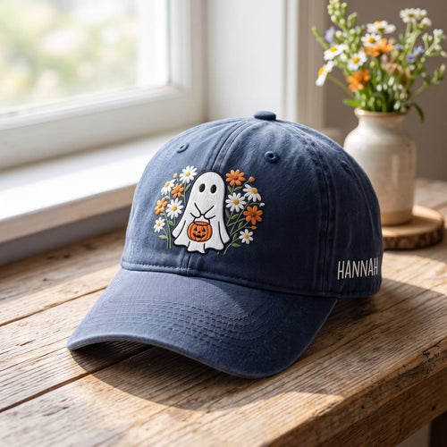 Personalized Ghost Embroidered Hat, Custom Name Halloween Baseball Cap, Spooky Season Fall Hat
