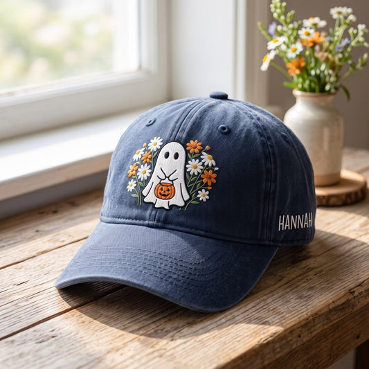 Personalized Ghost Embroidered Hat, Custom Name Halloween Baseball Cap, Spooky Season Fall Hat