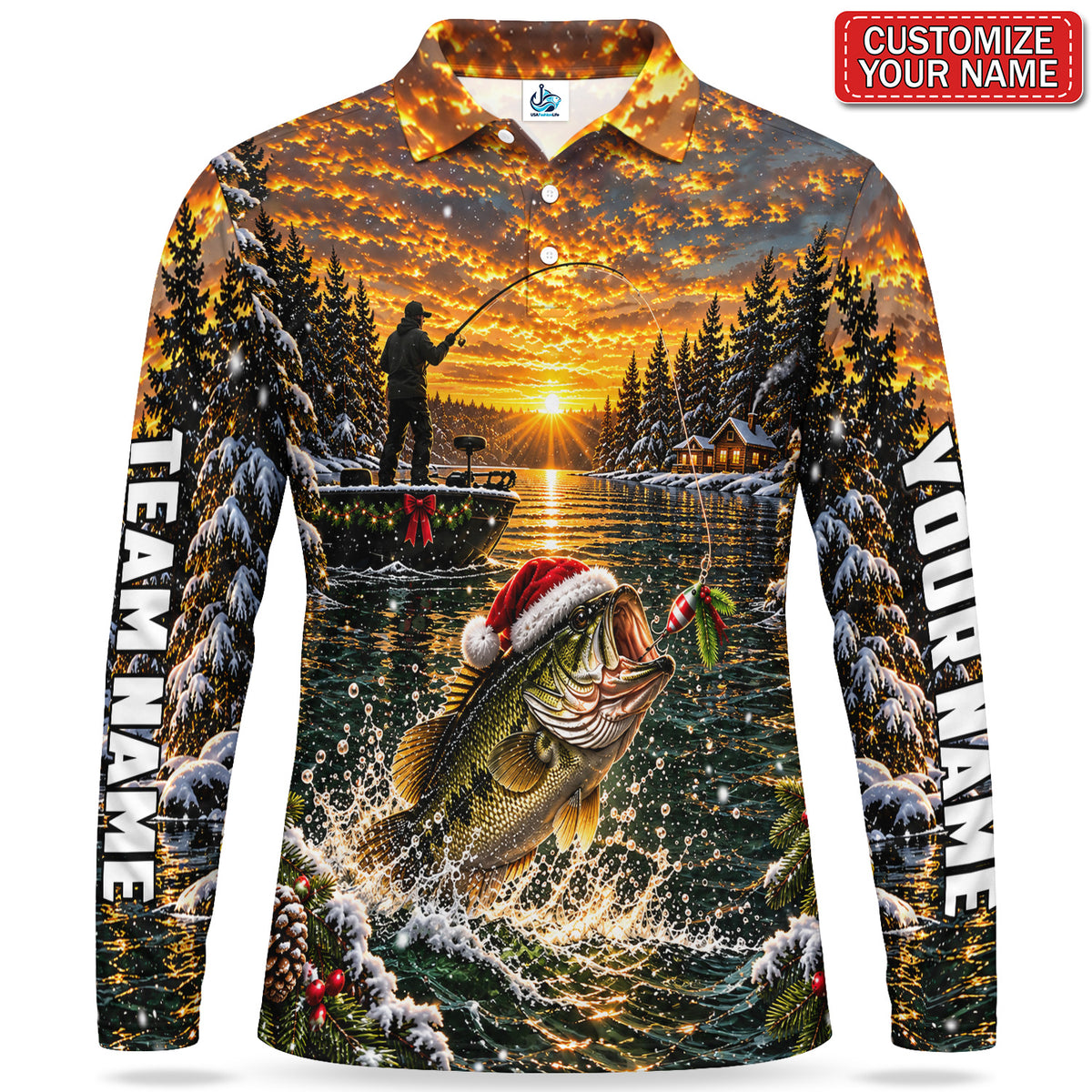 Personalized Christmas Bass Fishing Sunset Lake Men's Long Sleeve Polo