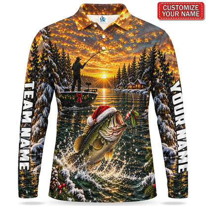 Personalized Christmas Bass Fishing Sunset Lake Men's Long Sleeve Polo