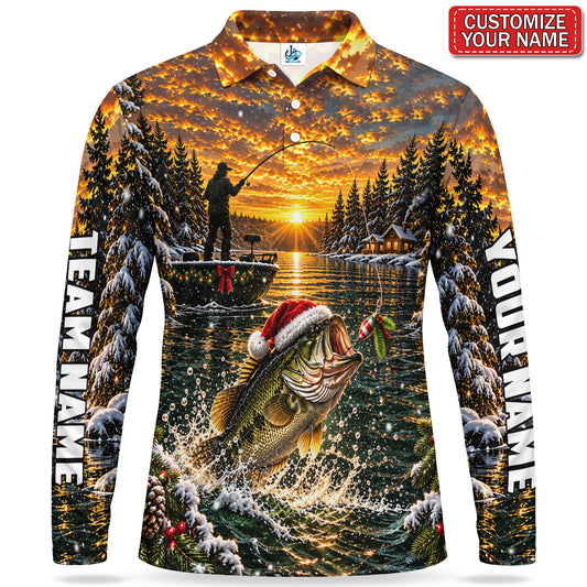 Personalized Christmas Bass Fishing Sunset Lake Men's Long Sleeve Polo