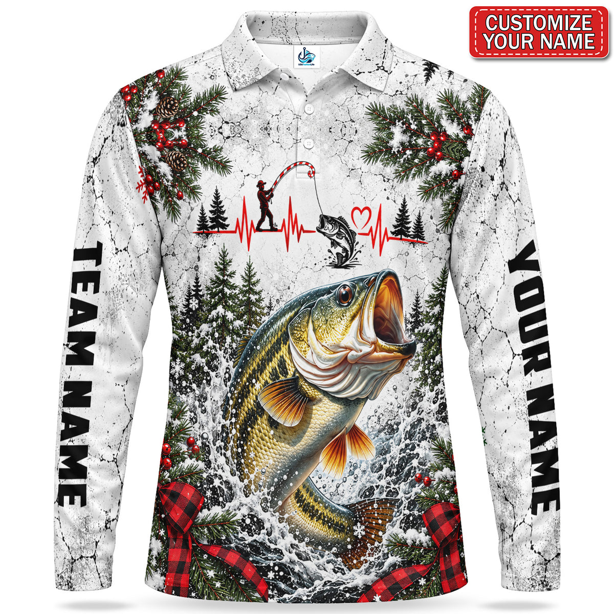 Personalized Christmas Bass and Fishing Heartbeat Men's Long Sleeve Polo