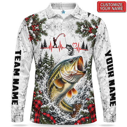 Personalized Christmas Bass and Fishing Heartbeat Men's Long Sleeve Polo