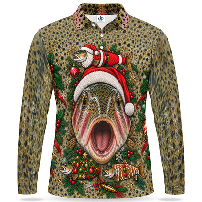 Christmas Rainbow Trout in Santa Hat Men's Long Sleeve Fishing Polo