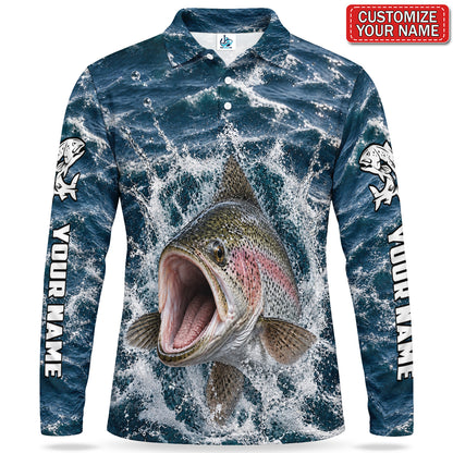 Personalized Rainbow Trout Water Splash Men's Long Sleeve Fishing Polo