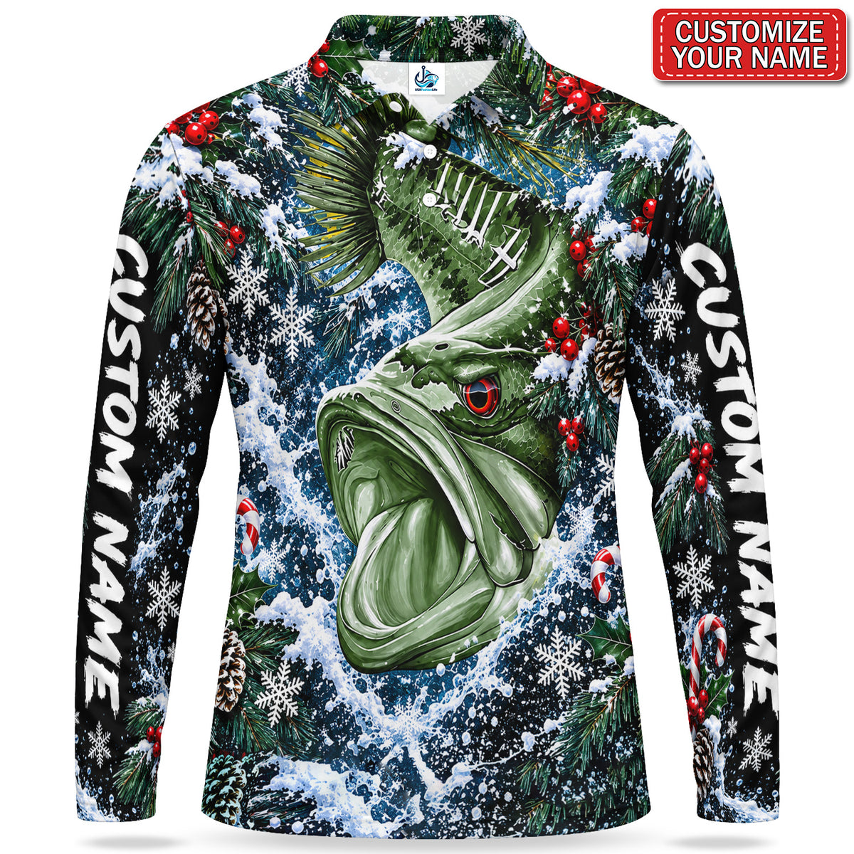 Personalized Bass and Snowy Pine Branches Men's Long Sleeve Fishing Polo