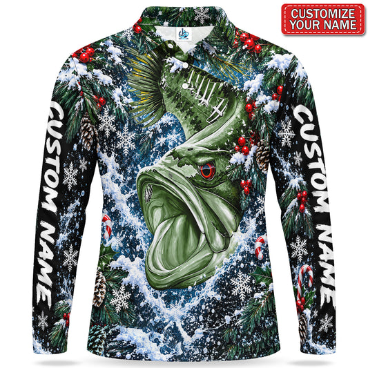 Personalized Bass and Snowy Pine Branches Men's Long Sleeve Fishing Polo