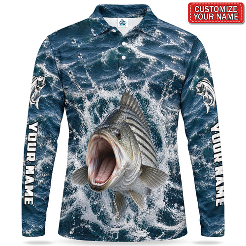 Personalized Striped Bass Splash Fishing Men's Long Sleeve Polo