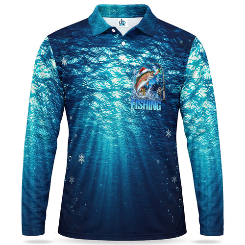 Santa Hat Trout and Blue Underwater Scene Men's Long Sleeve Fishing Polo