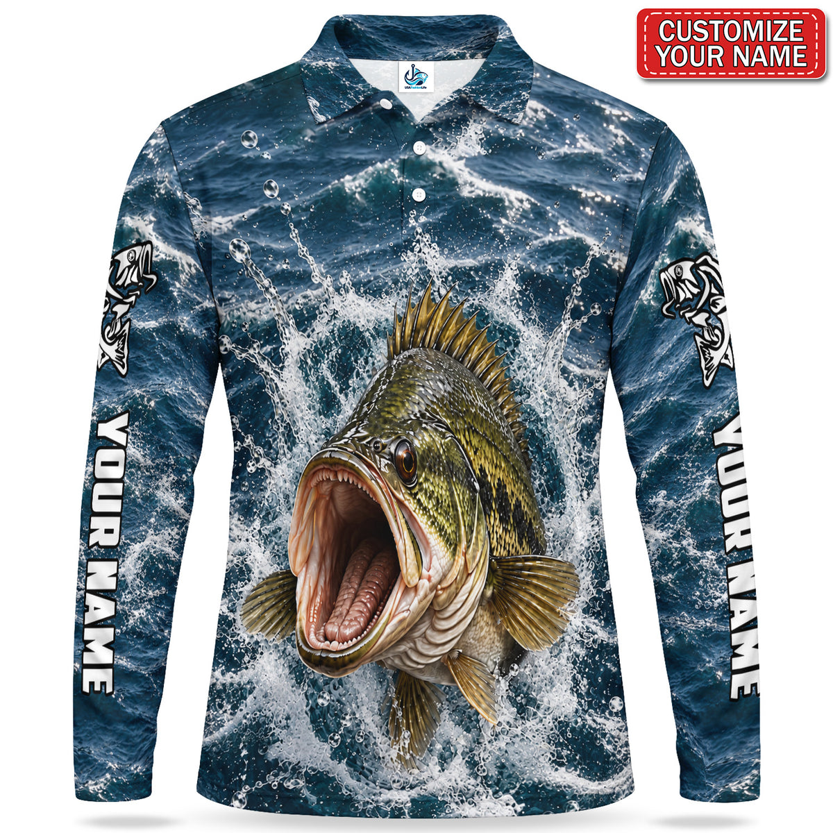 Personalized Bass Water Splash Men's Long Sleeve Fishing Polo