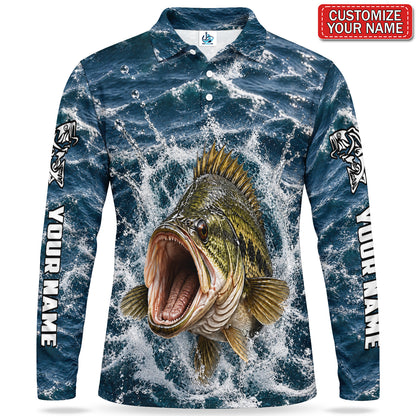 Personalized Bass Water Splash Men's Long Sleeve Fishing Polo