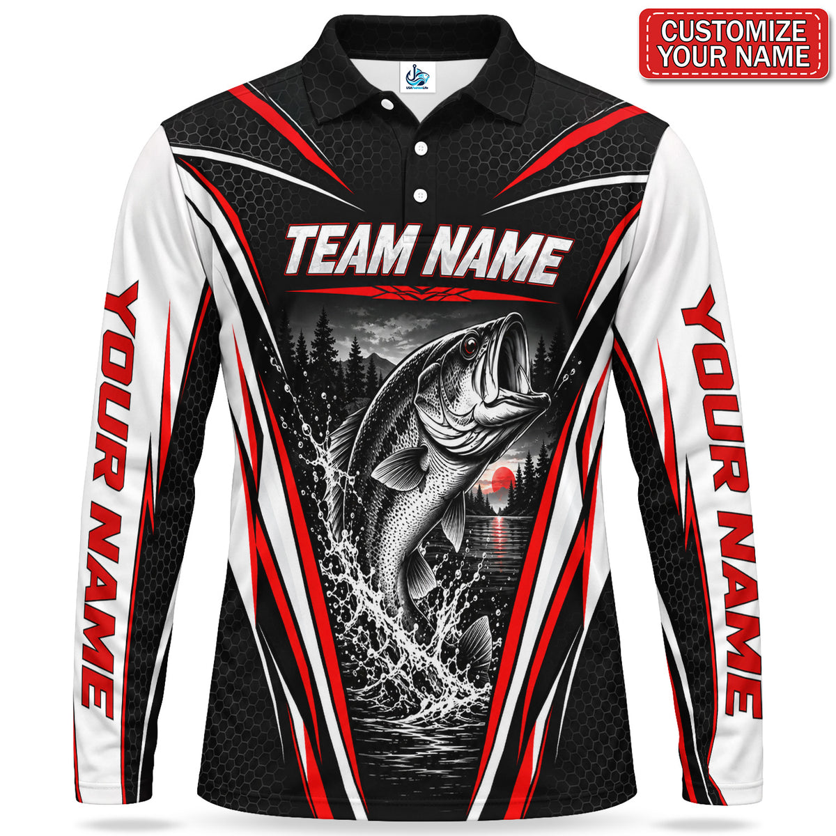 Personalized Team Bass Fishing Men's Long Sleeve Polo in Red, Black and White