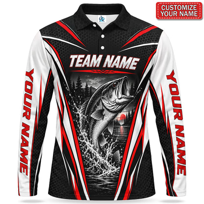 Personalized Team Bass Fishing Men's Long Sleeve Polo in Red, Black and White