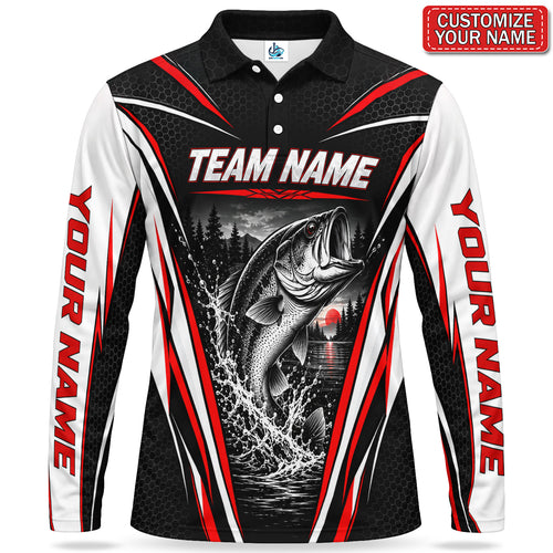 Personalized Team Bass Fishing Men's Long Sleeve Polo in Red, Black and White