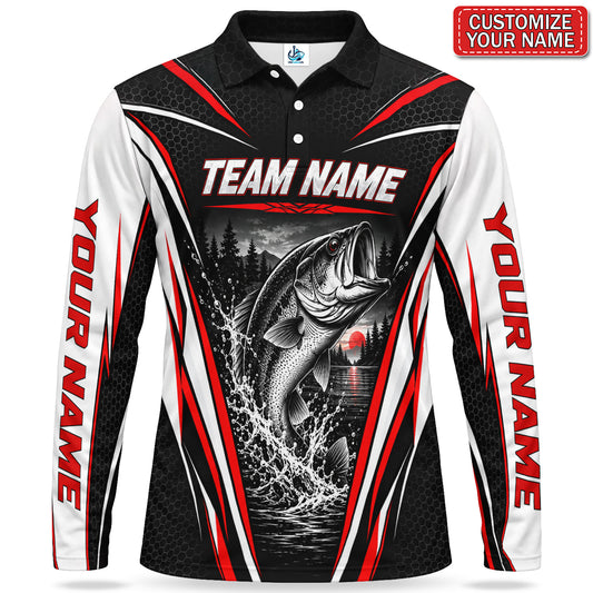Personalized Team Bass Fishing Men's Long Sleeve Polo in Red, Black and White