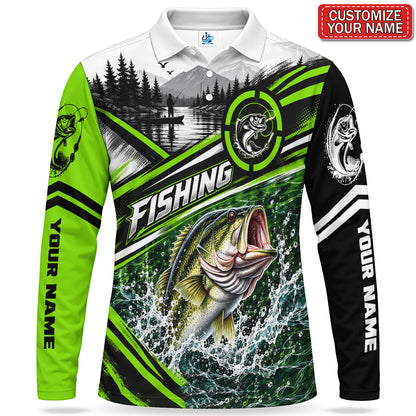 Personalized Bass Fishing Men's Long Sleeve Polo With Neon Green Lake Design