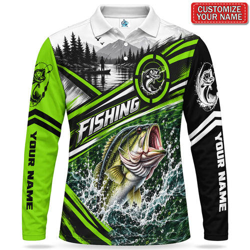 Personalized Bass Fishing Men's Long Sleeve Polo With Neon Green Lake Design