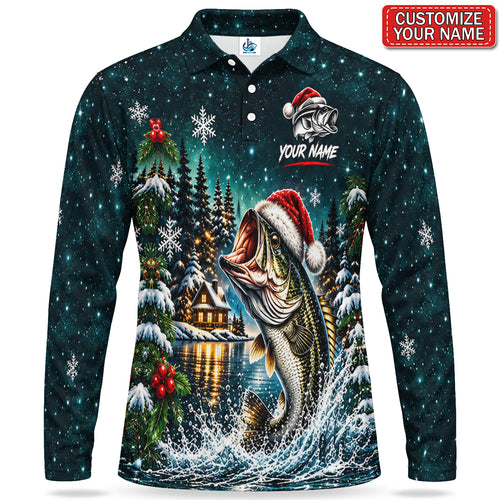 Personalized Santa Bass and Winter Lake Men's Long Sleeve Fishing Polo
