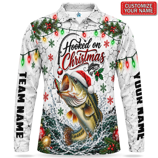 Personalized Hooked On Christmas Bass Fishing Men's Long Sleeve Polo