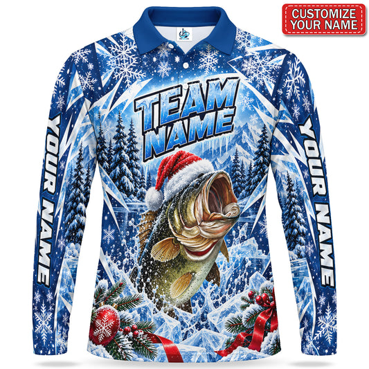 Personalized Santa Hat Bass Fishing Men's Long Sleeve Polo With Snowflakes
