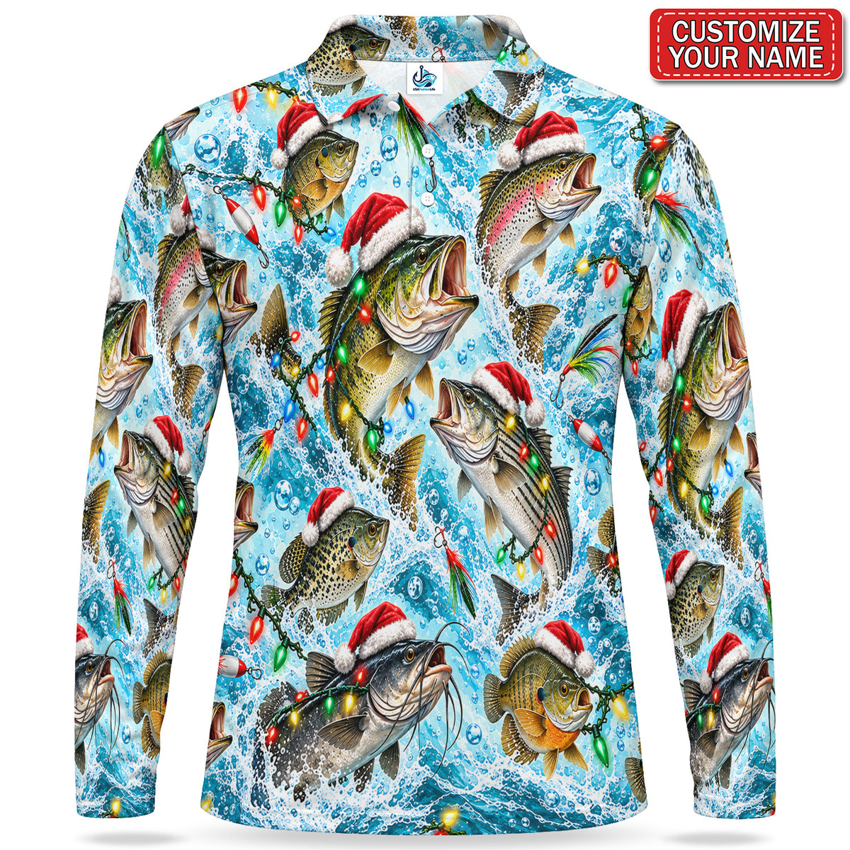 Personalized Santa Hat Fish and Christmas Lights Men's Long Sleeve Fishing Polo