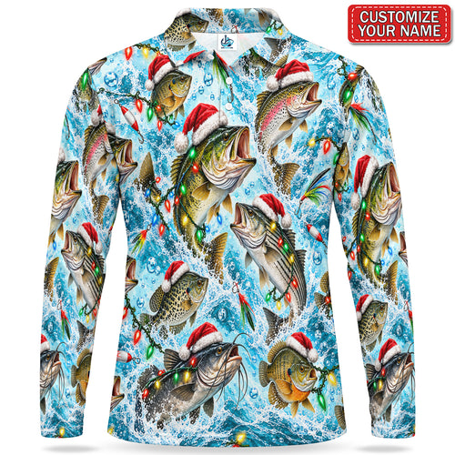 Personalized Santa Hat Fish and Christmas Lights Men's Long Sleeve Fishing Polo