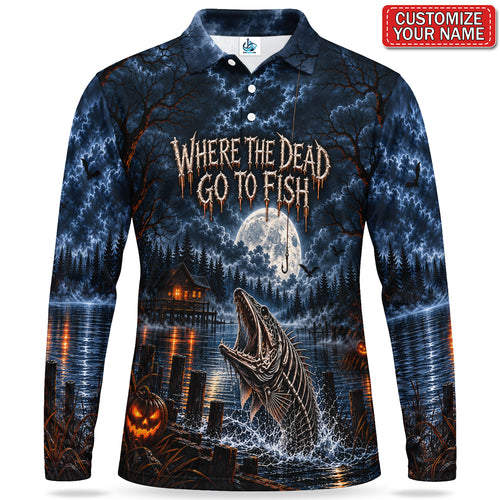 Personalized Where The Dead Go To Fish Men's Long Sleeve Polo