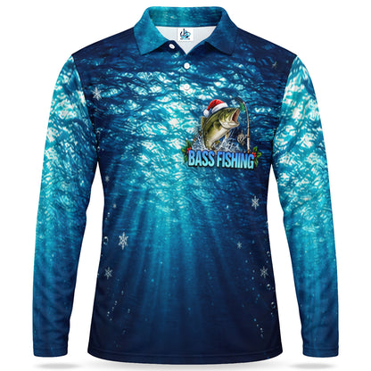 Christmas Bass Fishing Blue Underwater Men's Long Sleeve Polo