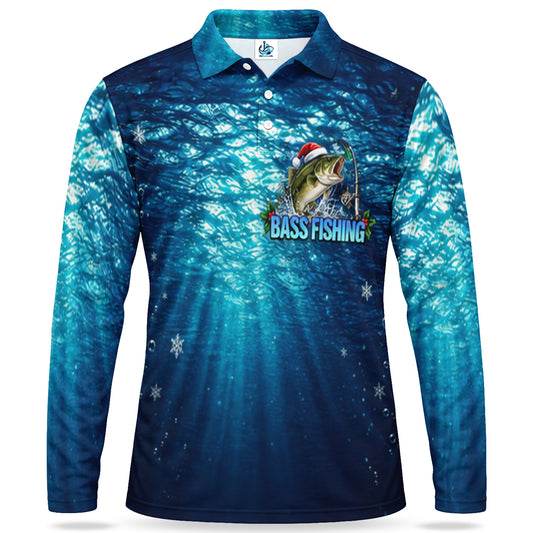 Christmas Bass Fishing Blue Underwater Men's Long Sleeve Polo