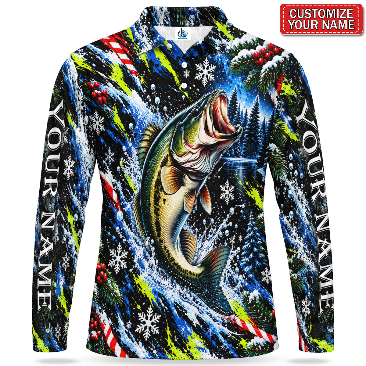 Personalized Leaping Bass and Christmas Snowflakes Men's Long Sleeve Fishing Polo