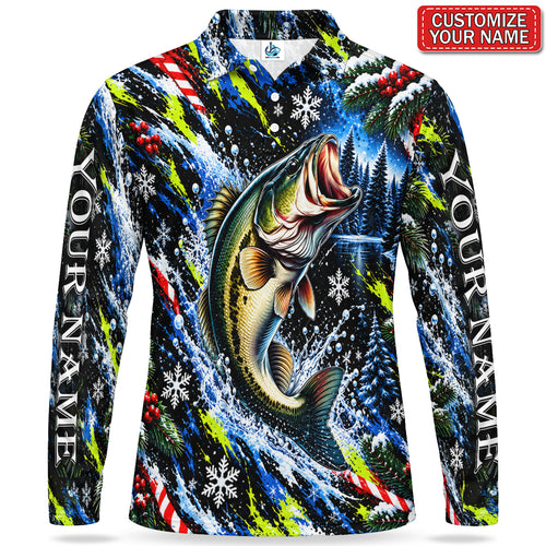 Personalized Leaping Bass and Christmas Snowflakes Men's Long Sleeve Fishing Polo