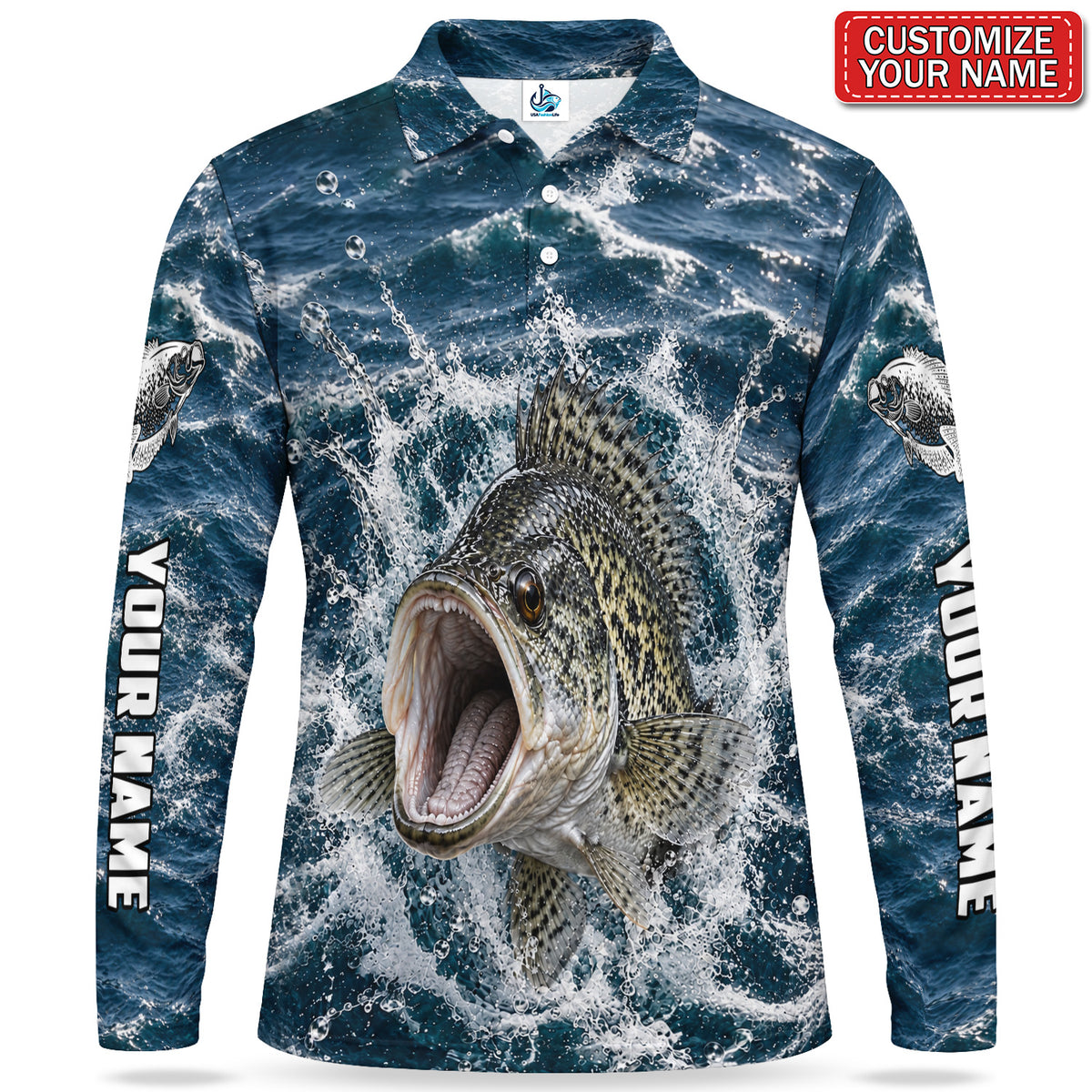 Personalized Crappie Water Splash Men's Long Sleeve Fishing Polo