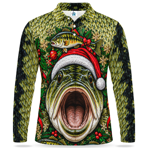 Christmas Bass Face and Holly Men's Long Sleeve Fishing Polo