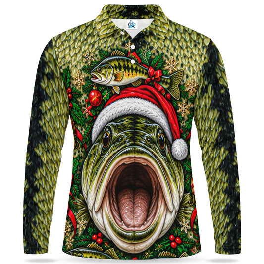 Christmas Bass Face and Holly Men's Long Sleeve Fishing Polo