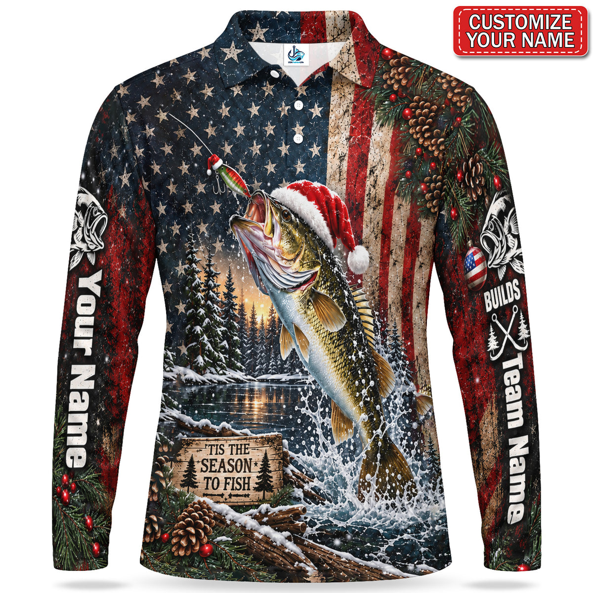 Personalized Santa Fish American Flag Men's Long Sleeve Fishing Polo
