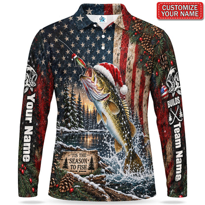 Personalized Santa Fish American Flag Men's Long Sleeve Fishing Polo
