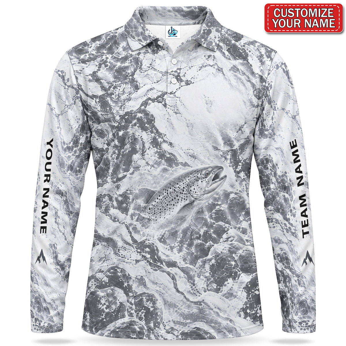 Personalized Monochrome Trout Fishing Men's Long Sleeve Polo