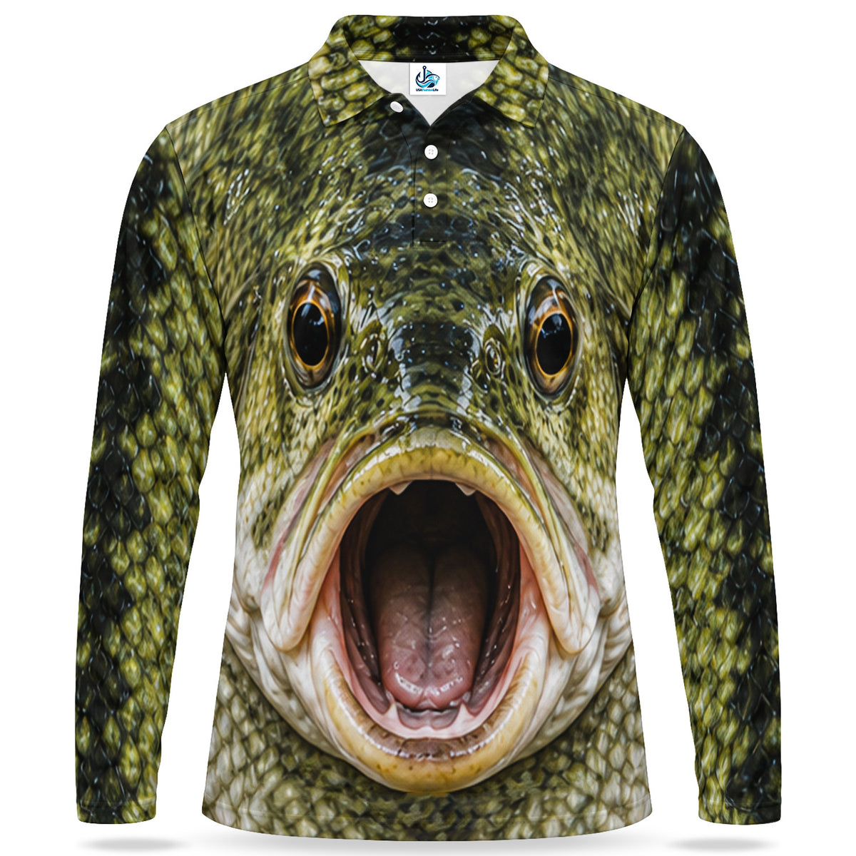 Open-Mouth Fish Face Men's Long Sleeve Fishing Polo