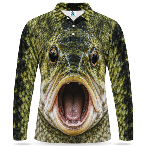 Open-Mouth Fish Face Men's Long Sleeve Fishing Polo