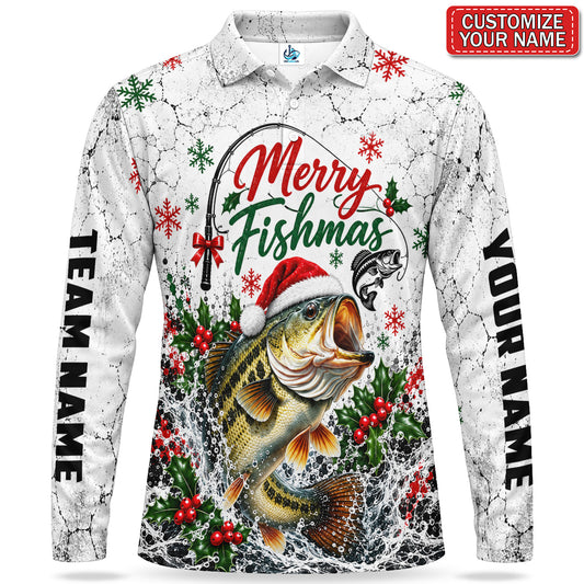 Personalized Merry Fishmas Bass Fishing Men's Long Sleeve Polo