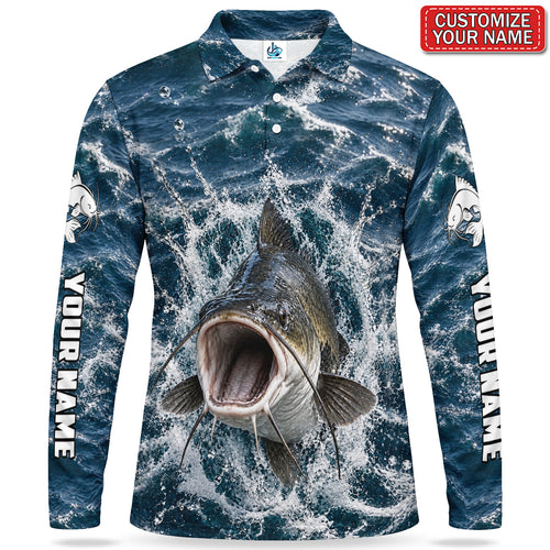 Personalized Catfish Splash Fishing Men's Long Sleeve Polo