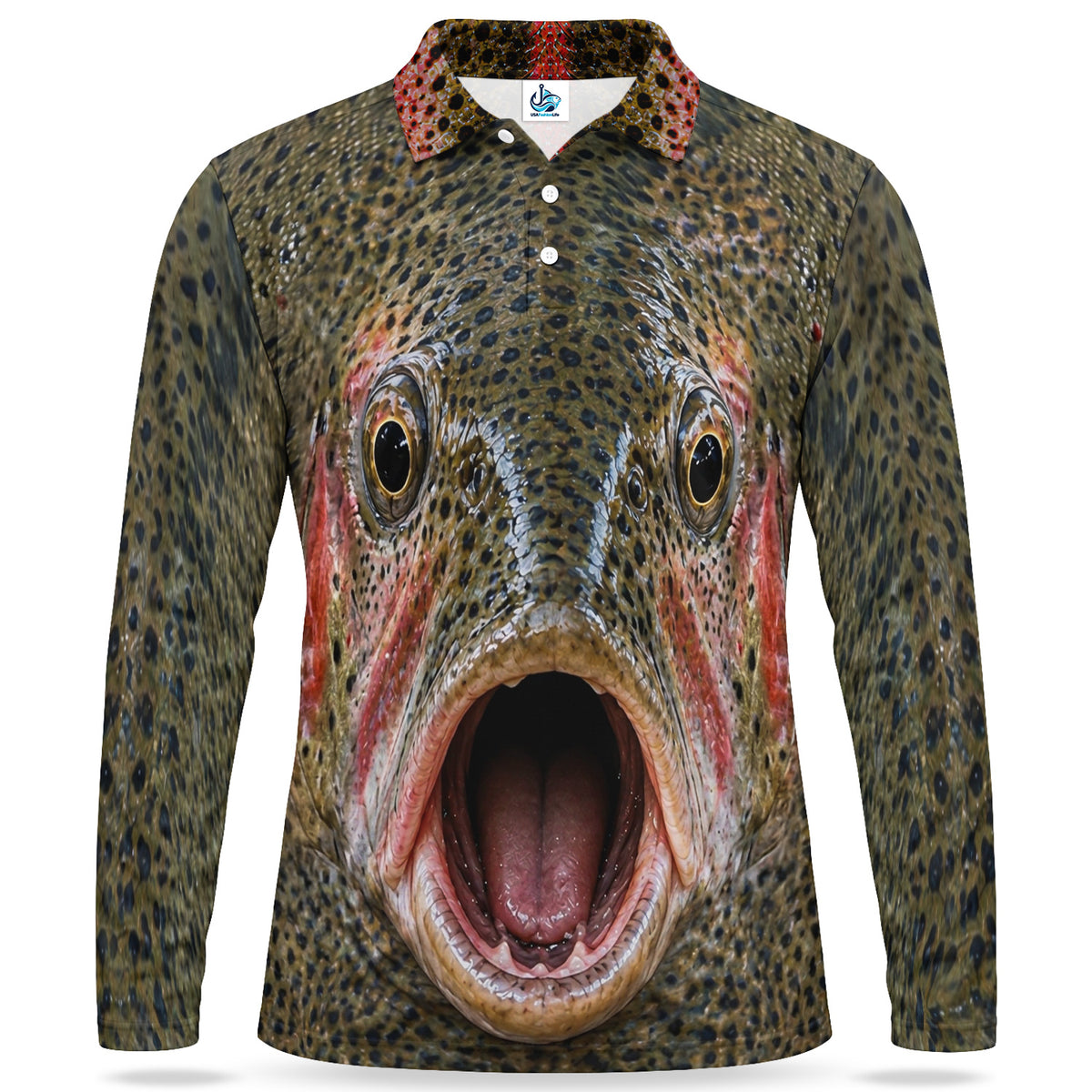 Rainbow Trout Face Men's Long Sleeve Fishing Polo