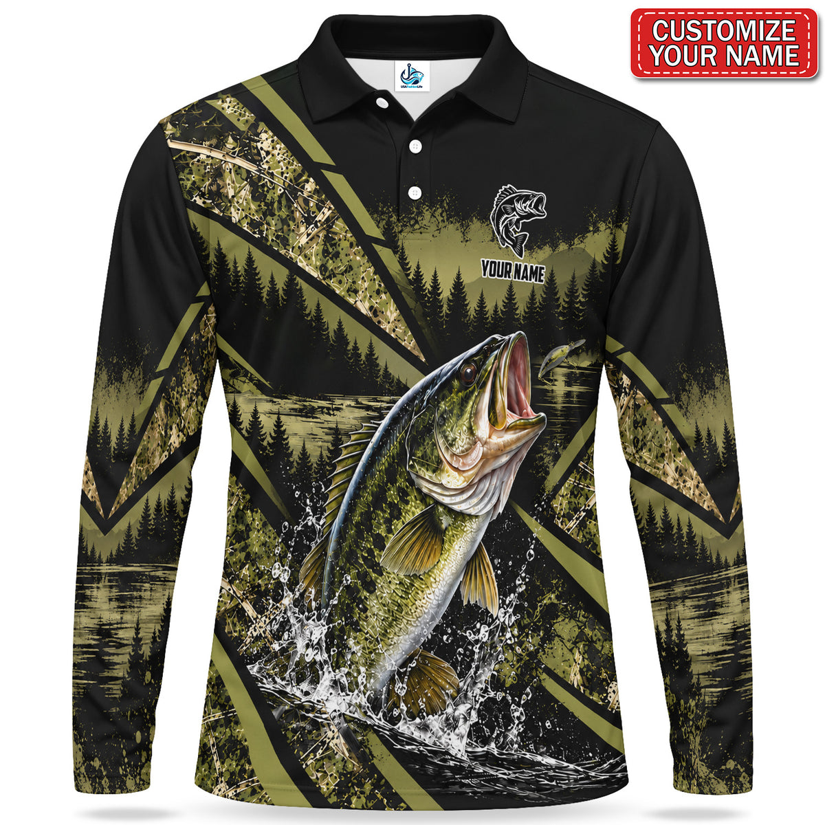 Personalized Bass Fishing Men's Long Sleeve Polo With Forest Lake Design