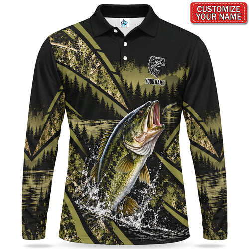 Personalized Bass Fishing Men's Long Sleeve Polo With Forest Lake Design
