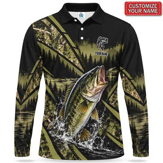 Personalized Bass Fishing Men's Long Sleeve Polo With Forest Lake Design