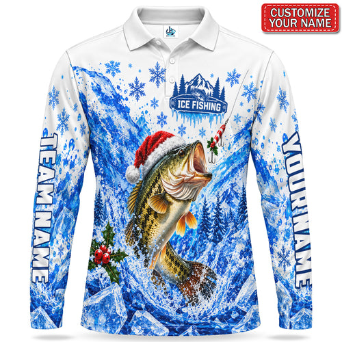 Personalized Santa Hat Bass Ice Fishing Men's Long Sleeve Polo