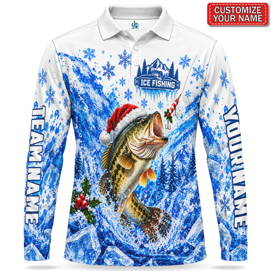 Personalized Santa Hat Bass Ice Fishing Men's Long Sleeve Polo
