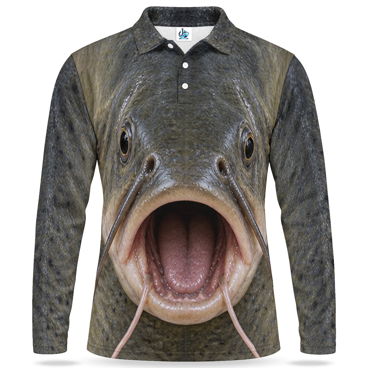 Catfish Face and Whiskers Men's Long Sleeve Fishing Polo